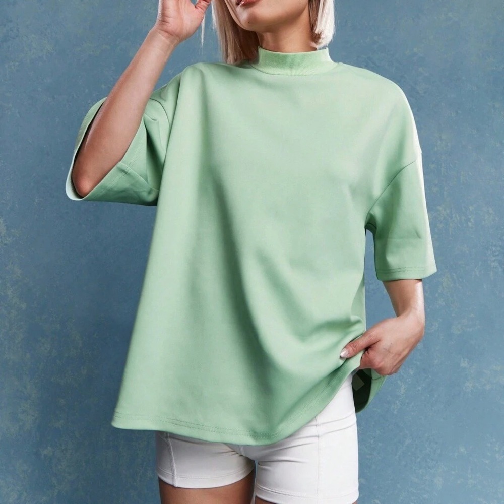 Missguided Sage Mint Green S Logo Label Back Mock Neck Oversized Short Sleeve T